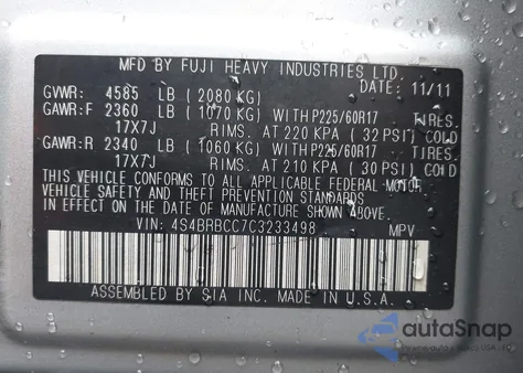 2012 Subaru Outback 2.5I Premium из США, поврежденный, VIN 4S4BRBCC7C3233498